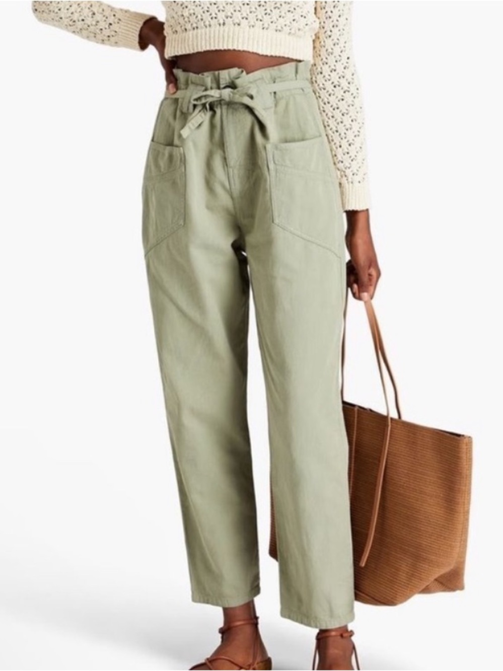 ba&sh Dewis Sage Green Paperbag Waist Straight-Leg Pants